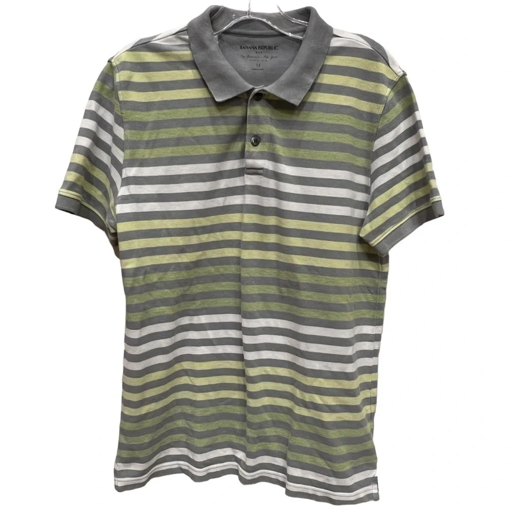 Banana Republic Mens Gray & Green Striped Polo Shirt, Size Medium